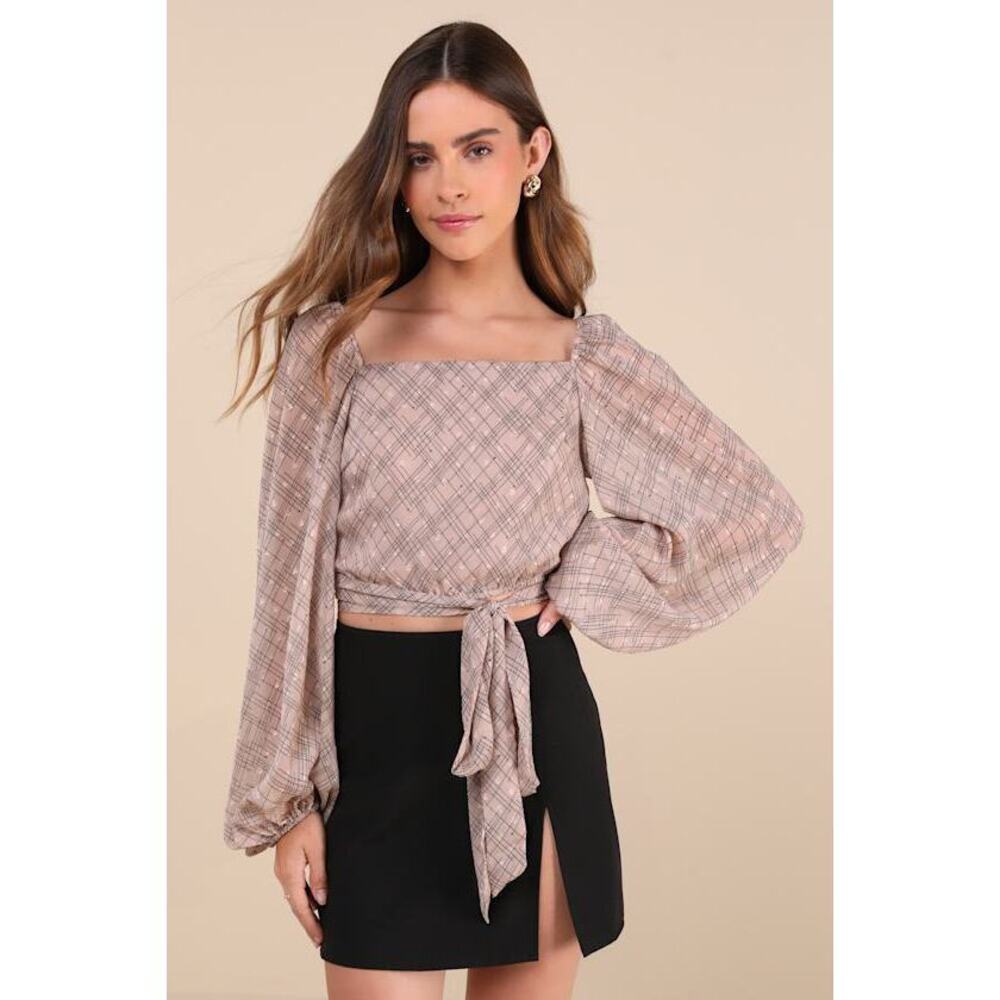 Lulus Dedicatedly Chic Taupe Printed Balloon Sleeve Wrap Top - Size L